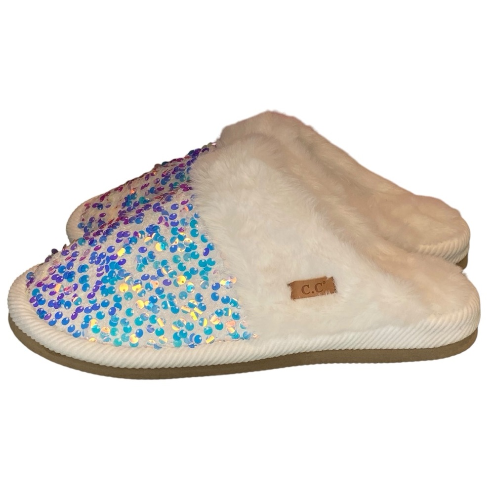 CC Sequin Slippers White Womens Size 8-10 M-L NWT New Slides Shoes Faux Fur - Picture 6 of 8
